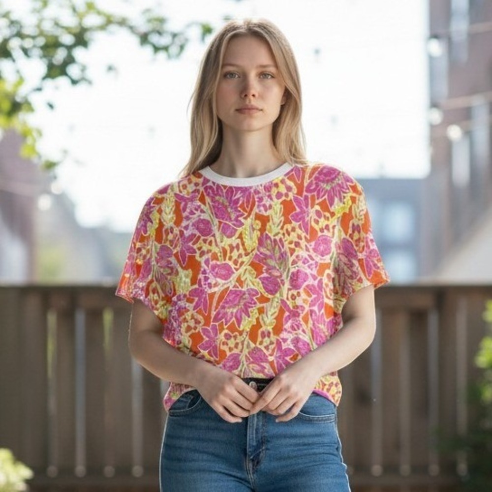 Lauren Ralph Lauren Floral Dolman Sleeve Knit Top Orange Pink Yellow Size M